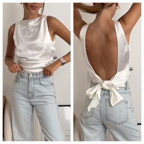Zara Tops - NWT Zara White Satin Effect Open Tie Back Top, Size L